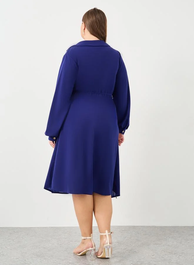 Styli Plus Wrap Midi Dress with Balloon Sleeve