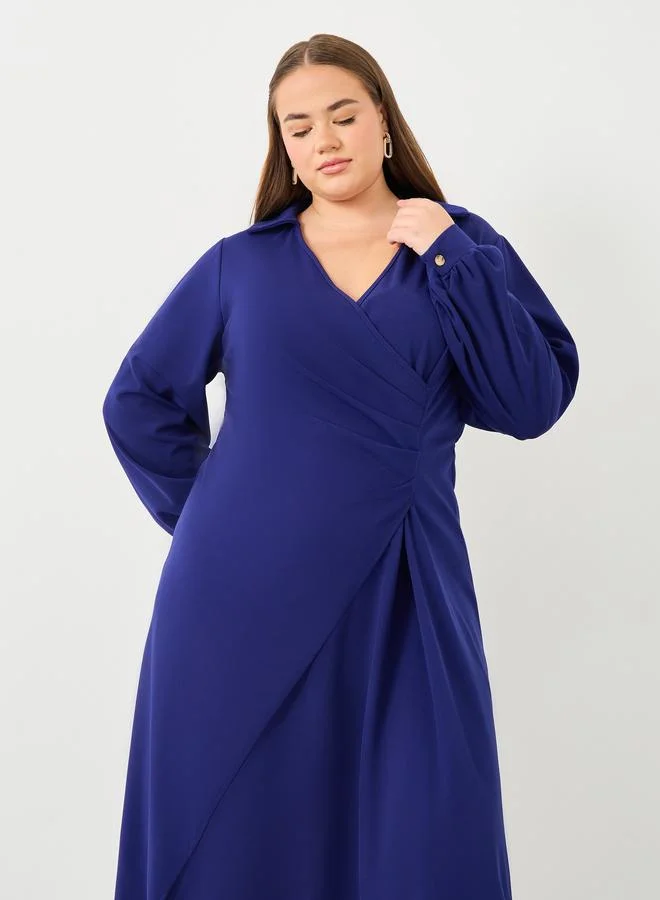 Styli Plus Wrap Midi Dress with Balloon Sleeve