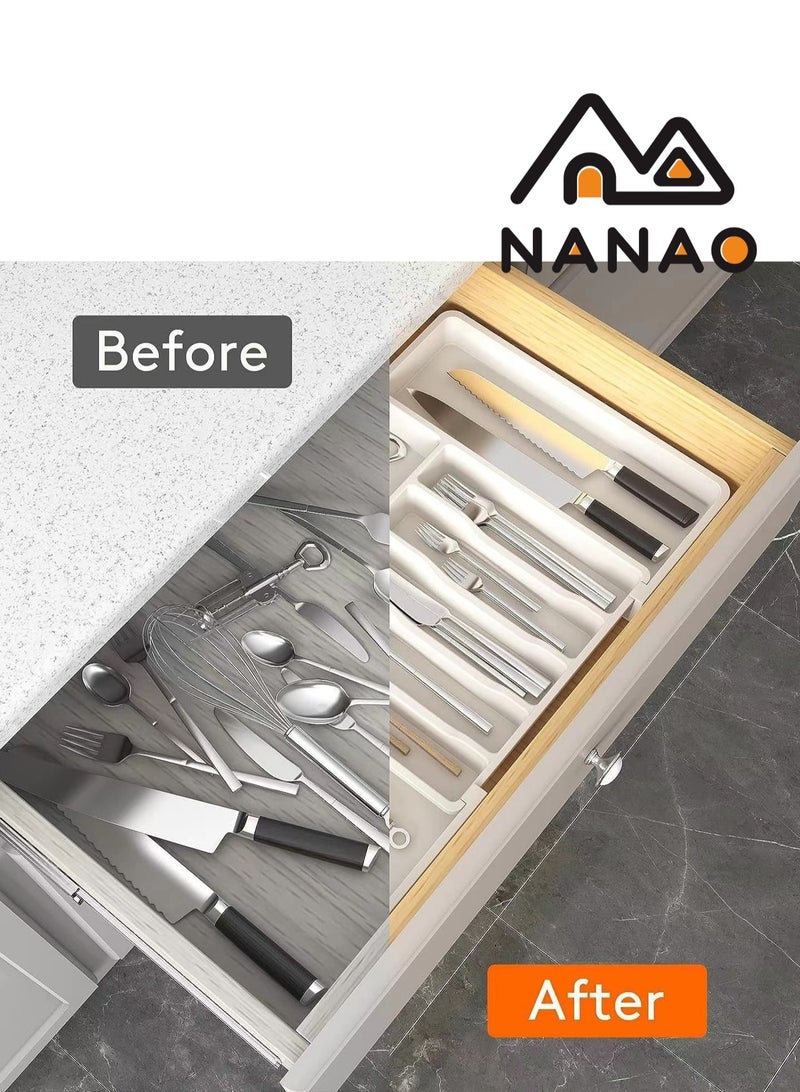 NANAO Silverware Drawer Organizer,Kitchen Drawer Organizer Expandable & Adjustable Silverware Organizer - Utensil Holder and Cutlery Tray with Grooved Drawer Dividers for Flatware and Kitchen Utensils (White)  - Image 4