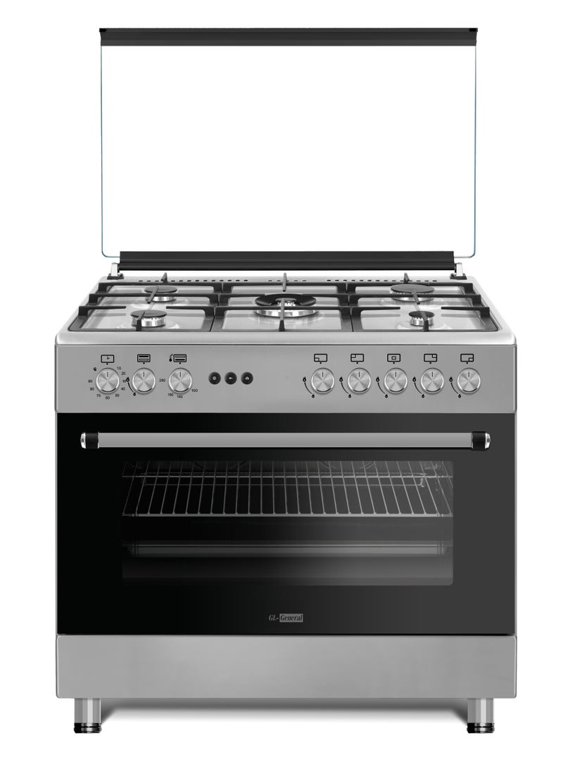 GL General General GL 90x60cm 5 Burners Gas Ranger, Iron Cast Heavy Stand, Auto Burner, Total Safety, Oven Grill, 1 Fans, Up & Down Heating Oven, Inside Oven Light, Timer, Three Layers Oven Door, Easy to Clean Surface  - Image 1