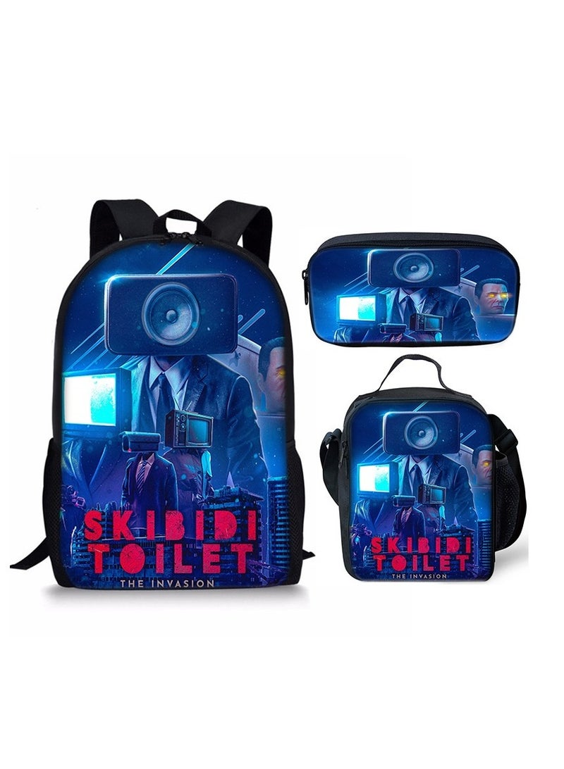 3 Piece Skibidi Toilet 3D Print Insulated Lunch Backpack Set Multicolour