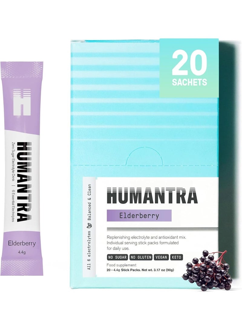 Humantra Electrolyte Hydration Drink Powder Elderberry Flavor 20 Sachets | Sugar Free Vegan Electrolyte Supplement with Vitamin C B12 Zinc | Caffeine Free Hydration Mix - Image 1