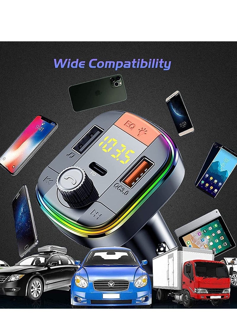 Generic - Car FM Transmitter, Car Fast Charger Bluetooth 5.0 FM Transmitter USB QC 3.0 and Type-C PD Multifunction Car Kit Radio Adapter Supports Hands Free Calling, Car FM Transmitter, 7 Color LEDs (7) - Image 1