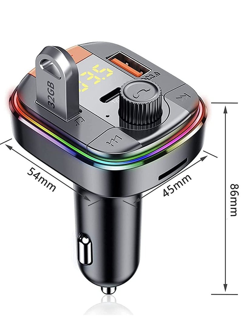 Generic - Car FM Transmitter, Car Fast Charger Bluetooth 5.0 FM Transmitter USB QC 3.0 and Type-C PD Multifunction Car Kit Radio Adapter Supports Hands Free Calling, Car FM Transmitter, 7 Color LEDs (7) - Image 1
