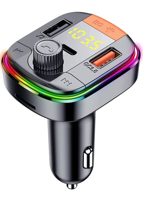 Car FM Transmitter, Car Fast Charger Bluetooth 5.0 FM Transmitter USB QC 3.0 and Type-C PD Multifunction Car Kit Radio Adapter Supports Hands Free Calling, Car FM Transmitter, 7 Color LEDs (7)