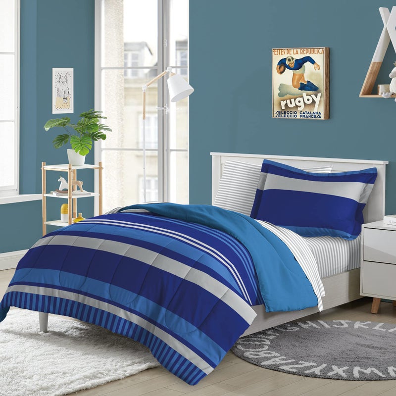 dream FACTORY Kids 5Piece Complete Bed Set EasyWash Super Soft Microfiber Comforter Bedding Twin Blue Rugby Stripe 2D872701BL