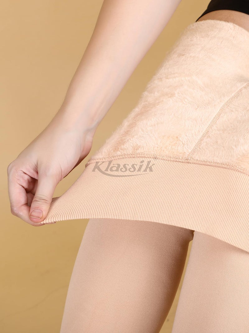 Klassik | Since 1993 | Women/Girls Comfort Fleece Footed Fur Leggings (Without Socks) | Winter Wear Extra Warm, Woolen High Waisted Lined Thigh Highs (Black-Skin Color) | Slim Fit Pyjamas, Skin-M - Image 5