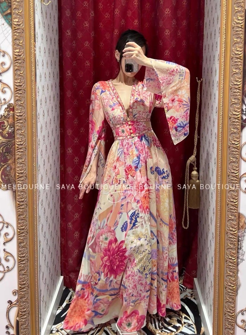 Camilla Lady's Silk Dress Diamond Peony retro Bohemian style  - Image 1
