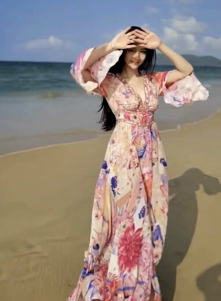 Camilla Lady's Silk Dress Diamond Peony retro Bohemian style  - Image 5