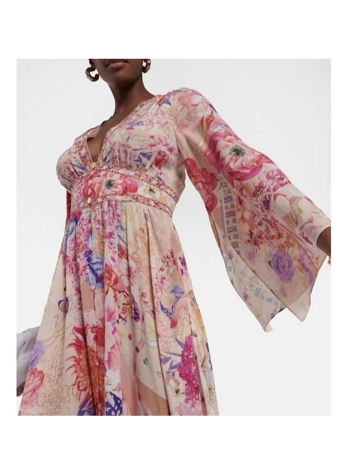 Camilla Lady's Silk Dress Diamond Peony retro Bohemian style  - Image 2