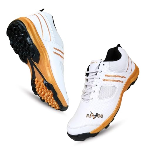 Prokick Havoc Cricket Shoes for Men and Women|Lightweight & Durable Cricket Shoes|PVC Studs Spikes Sports Shoe for Unisex|Synthetic Leather Upper Sports Shoes|EVA Sockliner, White/Gold/Black-5 UK - Image 1