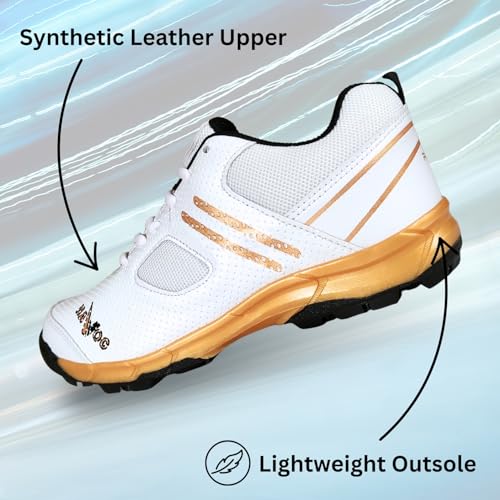 Prokick Havoc Cricket Shoes for Men and Women|Lightweight & Durable Cricket Shoes|PVC Studs Spikes Sports Shoe for Unisex|Synthetic Leather Upper Sports Shoes|EVA Sockliner, White/Gold/Black-5 UK - Image 4