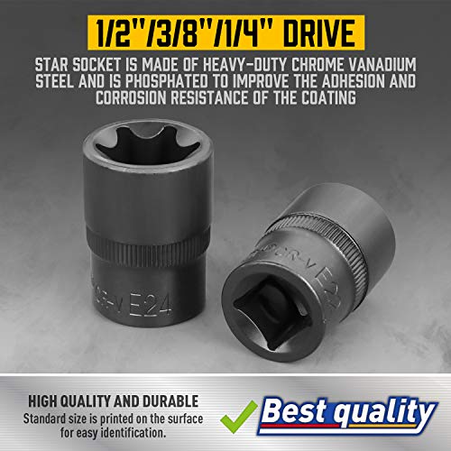 Amartisan 14 Pc Female E-Torx Star Socket Set/Rail, 1/4" 3/8" 1/2" Drive, E24 External Torque Socket Set - Image 4