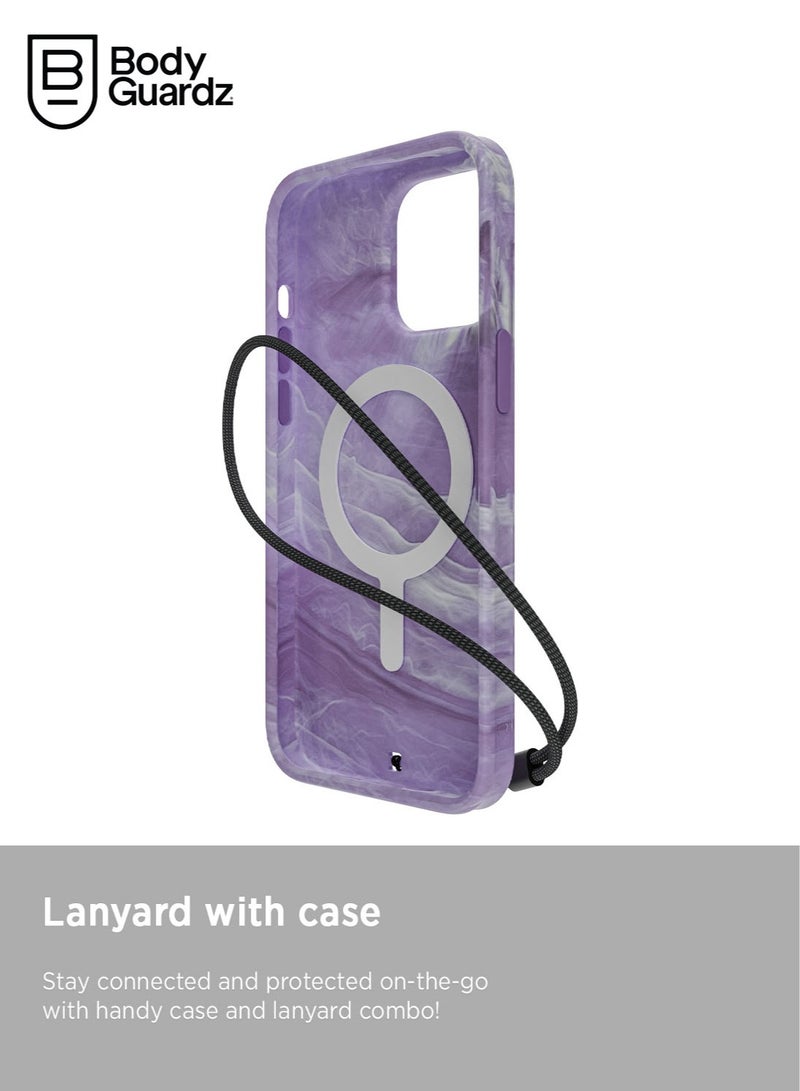 Bodyguardz Carve Marble for iPhone 15 PRO Case Cover compatible with MagSafe with Lanyard - Purple/White - Image 2