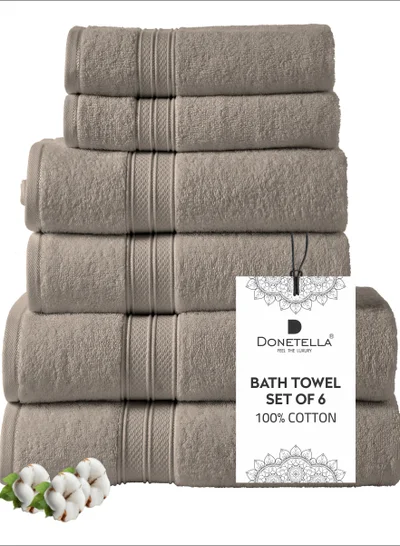 Donetella Premium Towel 6-Pcs Set, 100% Combed Cotton 600 GSM, Highly Absorbent, Quick Dry Towel Set Include 2 Bath Towel, 2 Bath Sheet, 2 Hand Towel, Best Set for Bathroom Gym, Hotel And Spa,Dark beige