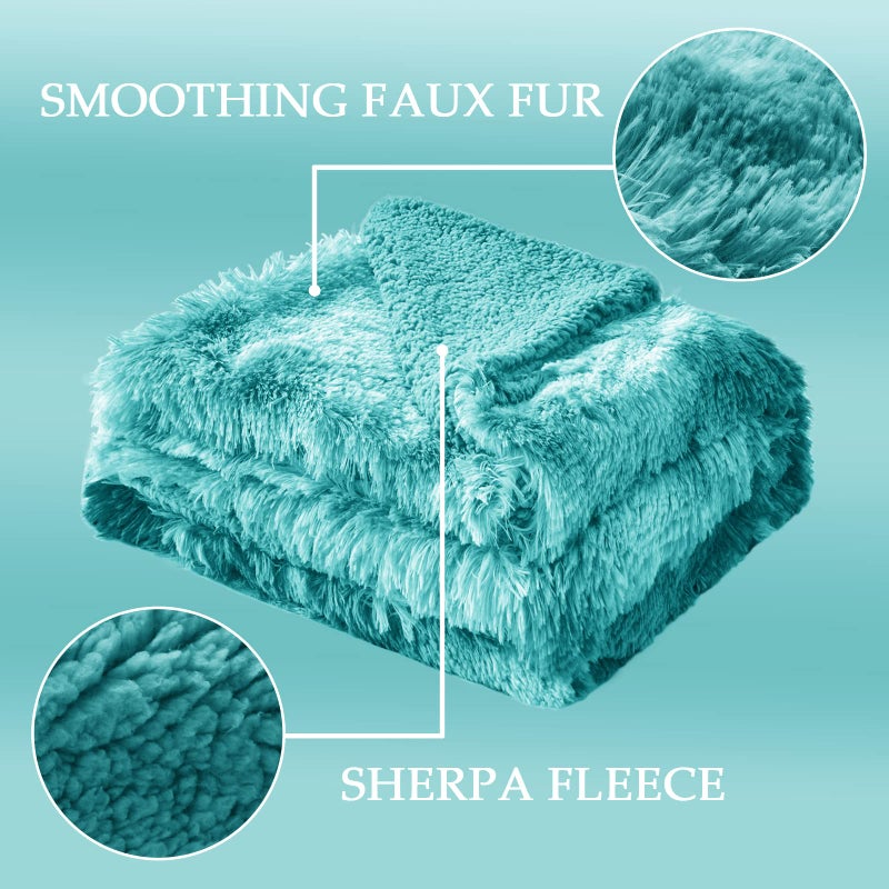 Exclusivo Mezcla Fuzzy Faux Fur Bed Blanket Twin Size, Reversible Shaggy Sherpa Fleece Tie Dyed Blankets, Fluffy Plush Warm Throws for Couch, Bed, 60X80 Inches, Teal - Image 3