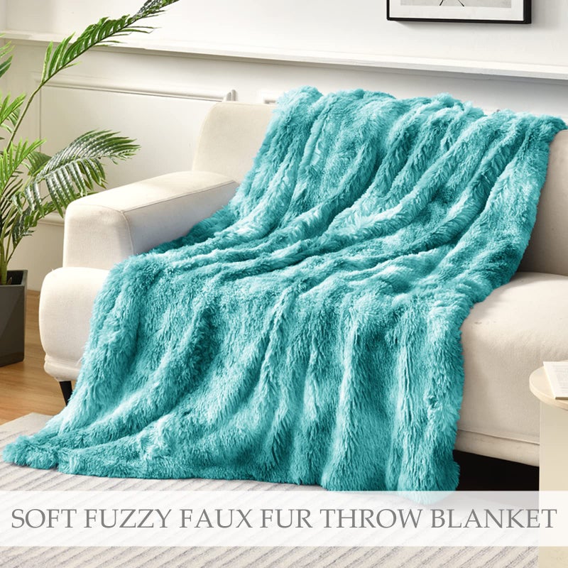 Exclusivo Mezcla Fuzzy Faux Fur Bed Blanket Twin Size, Reversible Shaggy Sherpa Fleece Tie Dyed Blankets, Fluffy Plush Warm Throws for Couch, Bed, 60X80 Inches, Teal - Image 5