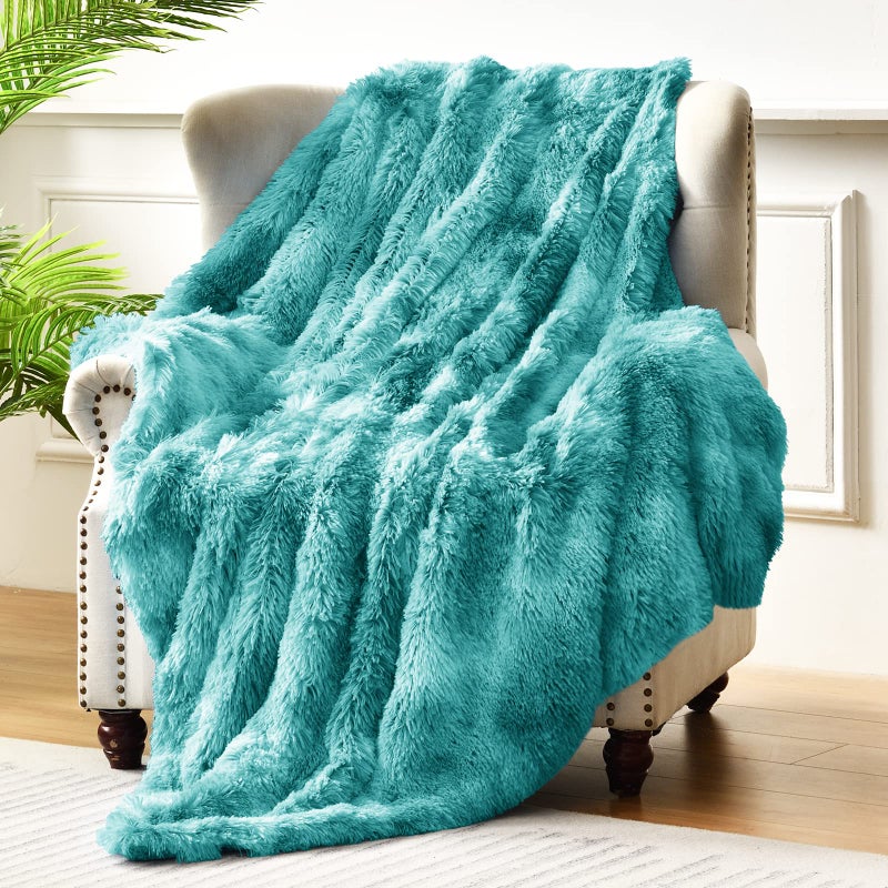 Exclusivo Mezcla Fuzzy Faux Fur Bed Blanket Twin Size, Reversible Shaggy Sherpa Fleece Tie Dyed Blankets, Fluffy Plush Warm Throws for Couch, Bed, 60X80 Inches, Teal - Image 4