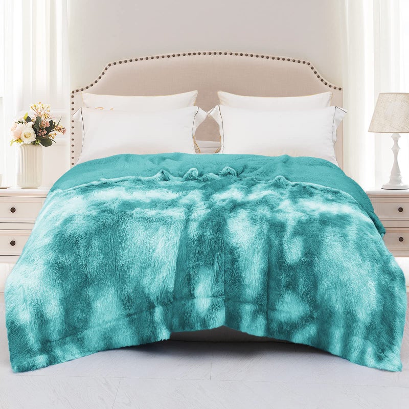 Exclusivo Mezcla Fuzzy Faux Fur Bed Blanket Twin Size, Reversible Shaggy Sherpa Fleece Tie Dyed Blankets, Fluffy Plush Warm Throws for Couch, Bed, 60X80 Inches, Teal - Image 1