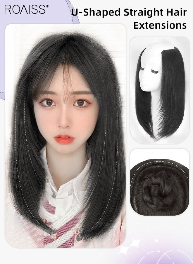 رويس وصلة إطالة شعر ذات الطبقات على شكل حرف U، وصلات شعر مستعار مستقيم من قطعة واحدة مع 4 مشابك، قطعة شعر صناعية مقاومة للحرارة للفتيات والنساء، أسود، 40 سم (16 بوصة) - Image 1