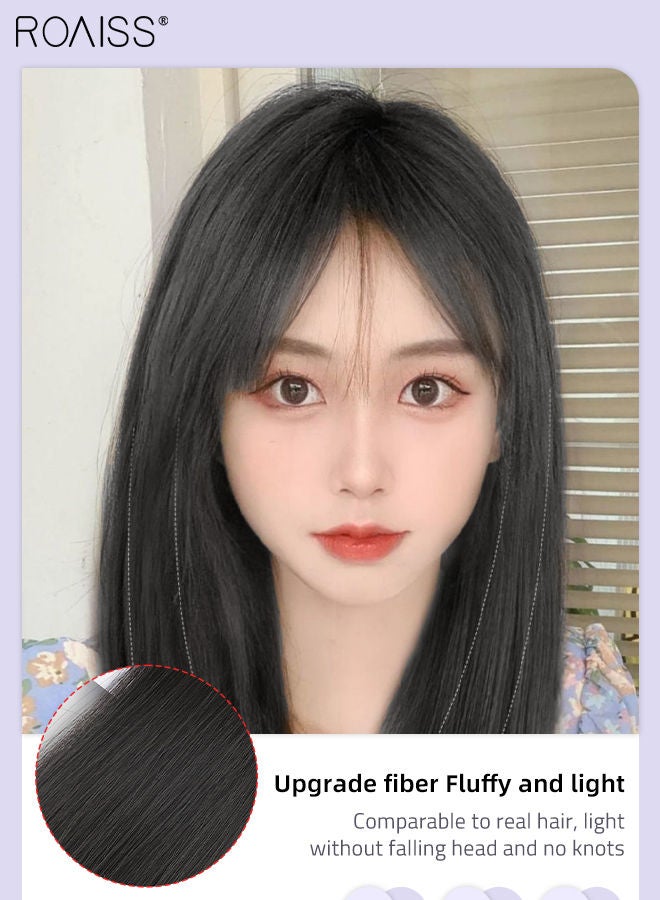 رويس وصلة إطالة شعر ذات الطبقات على شكل حرف U، وصلات شعر مستعار مستقيم من قطعة واحدة مع 4 مشابك، قطعة شعر صناعية مقاومة للحرارة للفتيات والنساء، أسود، 40 سم (16 بوصة) - Image 4