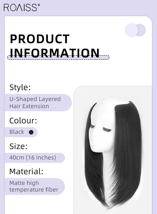 رويس وصلة إطالة شعر ذات الطبقات على شكل حرف U، وصلات شعر مستعار مستقيم من قطعة واحدة مع 4 مشابك، قطعة شعر صناعية مقاومة للحرارة للفتيات والنساء، أسود، 40 سم (16 بوصة) - Image 3