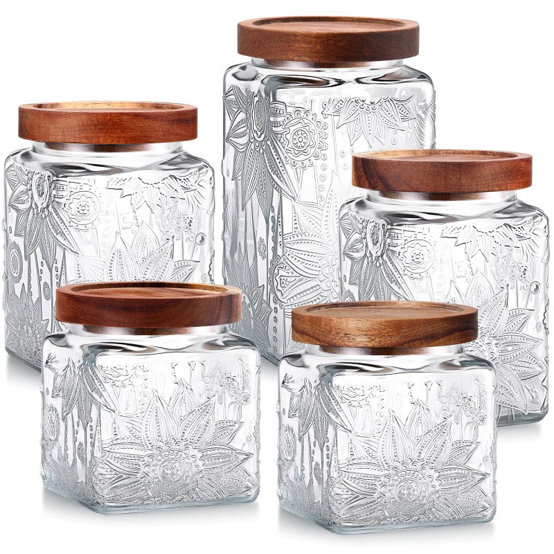 Suclain 5 Pcs Sunflower Vintage Glass Jars with Bamboo Airtight Lid 172434 oz Glass Food Containers Storage for Kitchen Counter Pantry Sugar Flour Coffee Tea Candy Oats CerealSquare - Image 2