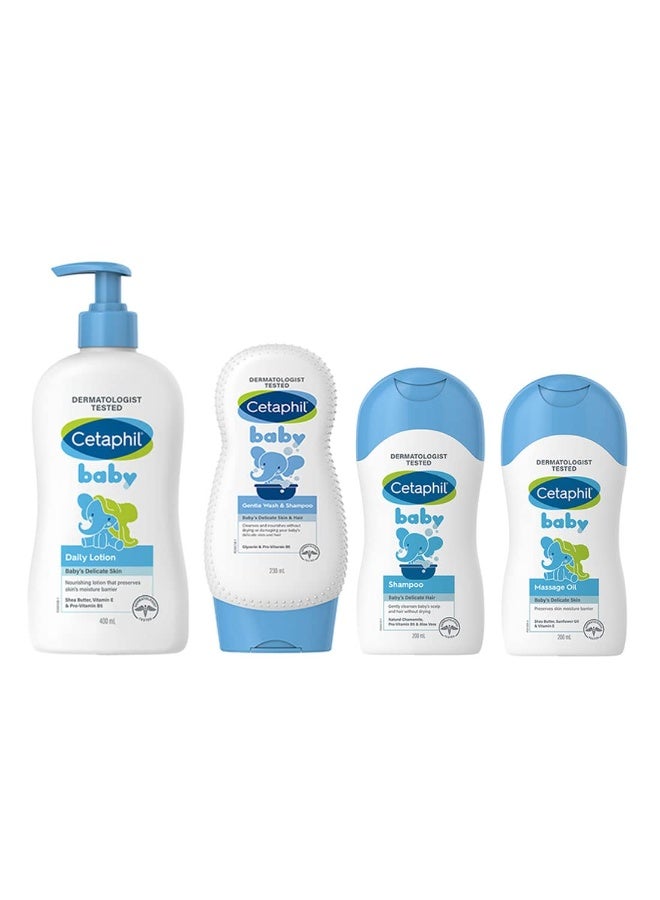 Cetaphil Baby Daily Lotion, 400ml, Baby Shampoo and Wash, 230 ml, Shampoo-200 ml, and Massage Oil-200 ml (Pack of 4) - Combo - Image 1