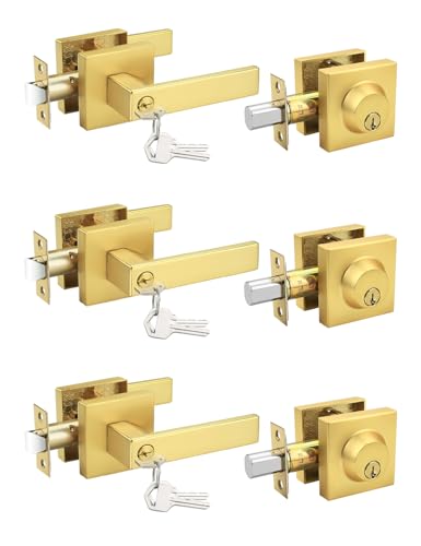 Tinewa 3 Pack Brushed Gold Keyed Alike FrontExterior Door Lever with Single Cylinder Deadbolt Satin Brass Entry Door Knob Lock Set Combo Sets for EntranceFront and Office Doors - Image 1