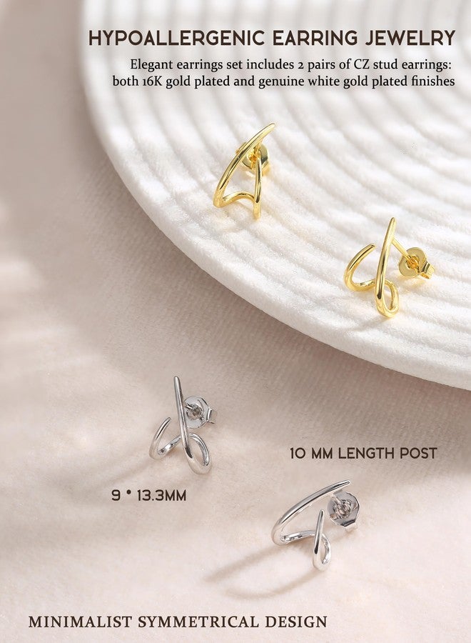 KRFY 2 Pairs Stud Earrings for Women, 16K Plated Silver Gold Earrings for Women Trendy S925 Sterling Silver Post, Dainty Hypoallergenic Earring Jewelry with Clear CZ No Tarnish, 9 mm x 13.3 mm / 8 mm - Image 2