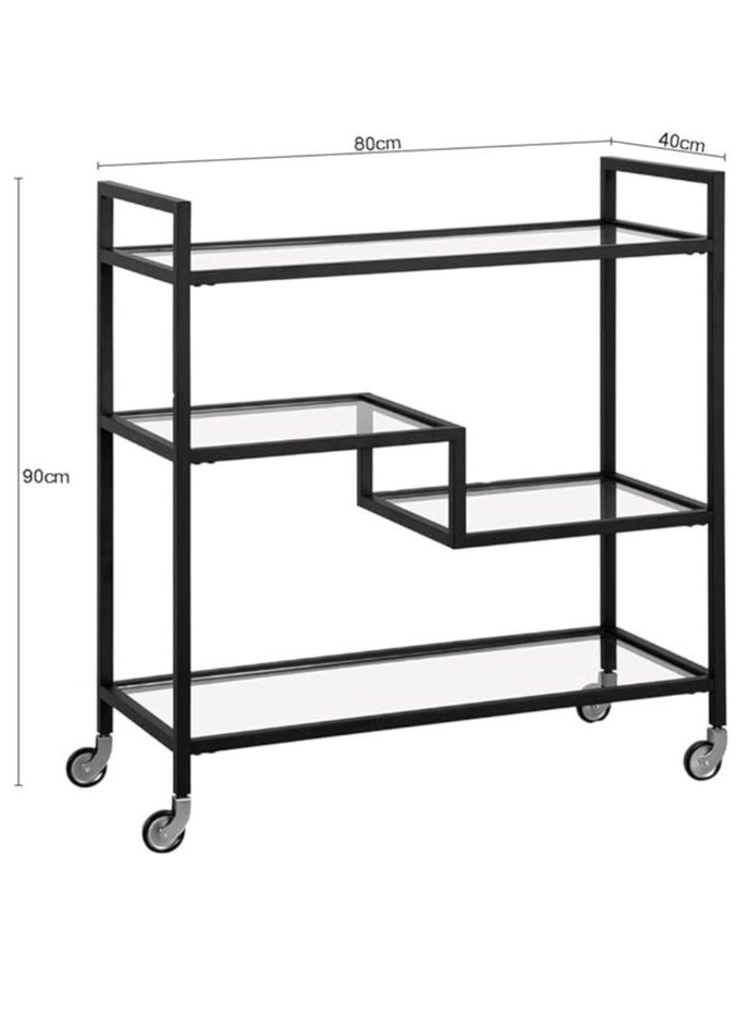 HOME TASTE - Metal Serving Trolley With Clear Glass Shelves PreAssembled Utility Cart For Kitchen, Restaurant, Bar And Hospital Heavy Duty 1.3Cm Thick Metal Frame Black, Small 80X40X90Cm - Image 1