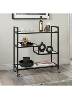 Metal Serving Trolley With Clear Glass Shelves PreAssembled Utility Cart For Kitchen, Restaurant, Bar And Hospital Heavy Duty 1.3Cm Thick Metal Frame Black, Small 80X40X90Cm