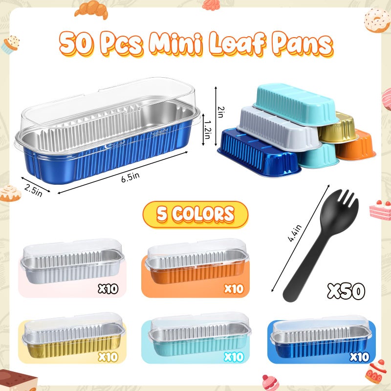 Blushtier 150 Pcs Mini Loaf Pans with Lids and Spoons 6.8 oz Rectangular Aluminum Foil Baking Pans Mini Tins Cake Containers for Bread Desserts(Blue and Orange) - Image 2