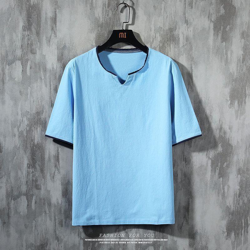 Men'S Summer Short-Sleeved T-Shirt Plus Size Loose Chinese Style Half-Sleeved Solid Color Cotton Linen Shirt Trendy Casual Tang T-Shirt - Image 1