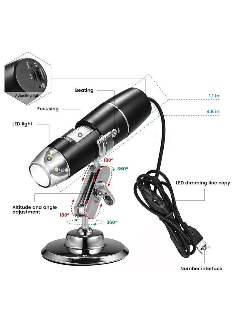 Generic - 1600X USB Digital Microscope with 8 LED Lights, Compatible with PC/Mobile/Tablet, with Metal Stand and USB-C & Micro USB Converter - for Students, Hobbyists, and Research - Image 1