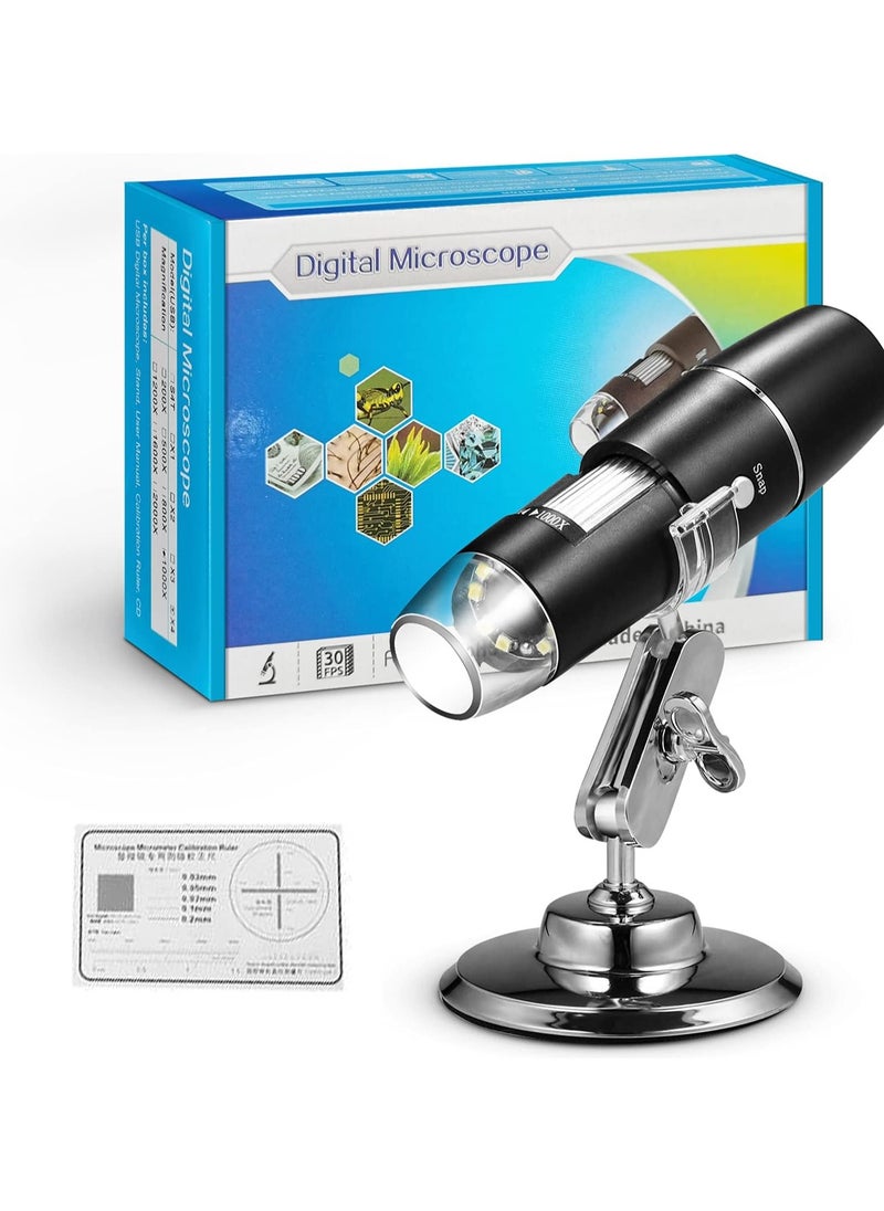 Generic - 1600X USB Digital Microscope with 8 LED Lights, Compatible with PC/Mobile/Tablet, with Metal Stand and USB-C & Micro USB Converter - for Students, Hobbyists, and Research - Image 1