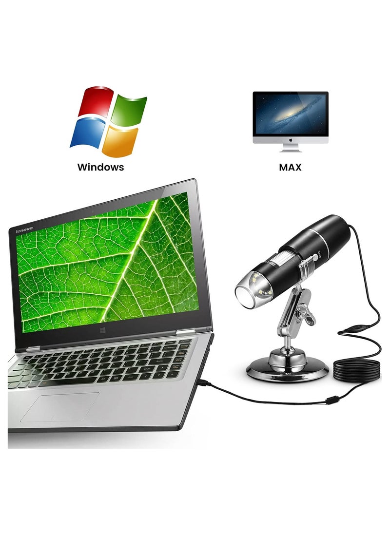 Generic - 1600X USB Digital Microscope with 8 LED Lights, Compatible with PC/Mobile/Tablet, with Metal Stand and USB-C & Micro USB Converter - for Students, Hobbyists, and Research - Image 1