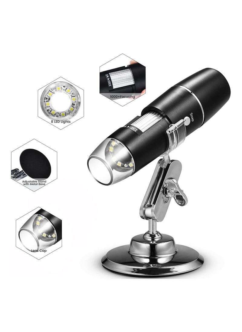 Generic - 1600X USB Digital Microscope with 8 LED Lights, Compatible with PC/Mobile/Tablet, with Metal Stand and USB-C & Micro USB Converter - for Students, Hobbyists, and Research - Image 1