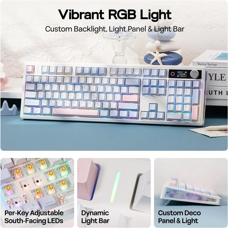 EPOMAKER TH108 V2 PRO Full Size Mechanical Keyboard with Screen&Knob, 10000mAh, BT/2.4Ghz, Mac Modifier PBT Keycap, Hot Swap, RGB, Gasket, Wireless Gaming Keyboard for Mac/PC (Blue, Sea Salt Silent) - Image 4