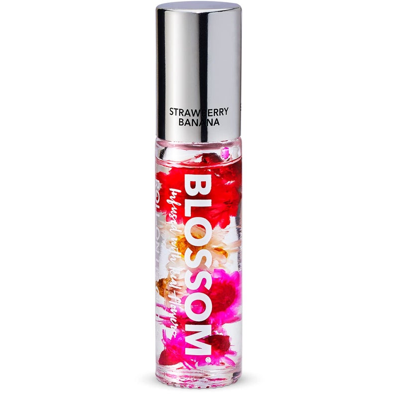 Blossom Roll on Lip Gloss Scented Clear High Shine Moisturizing Lip Oil Non Sticky Infused with Real Flowers Made in USA 02oz StrawberryBanana