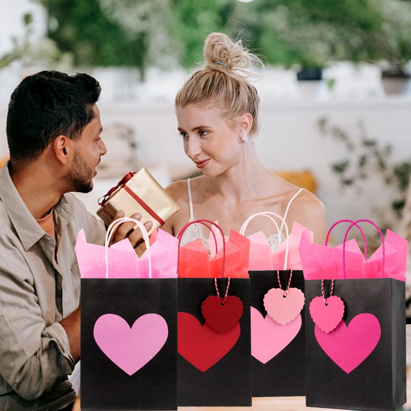 Fangoo 24Pcs Red Pink Heart Valentine Paper Gift Bags with Handles Heart Tags Tissue Paper for Kids Classroom Small Valentine Goodie Bags Wedding Birthday Party Favor Bags - Image 4