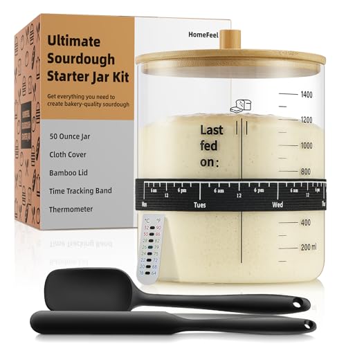 HomeFeel Premium Sourdough Starter Jar 50 oz Large Glass Jar with Bamboo Lid Cloth Cover Date Tracker Thermometer and Scraper Stylish Design and Wide Mouth Starter Kit - Image 1