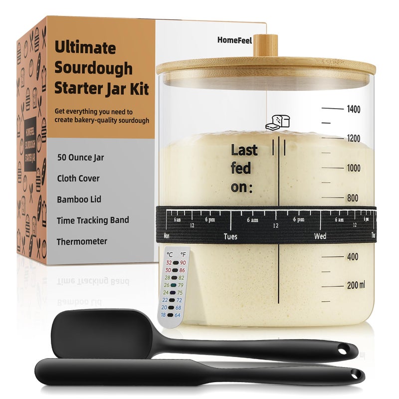 HomeFeel Premium Sourdough Starter Jar 50 oz Large Glass Jar with Bamboo Lid Cloth Cover Date Tracker Thermometer and Scraper Stylish Design and Wide Mouth Starter Kit - Image 2