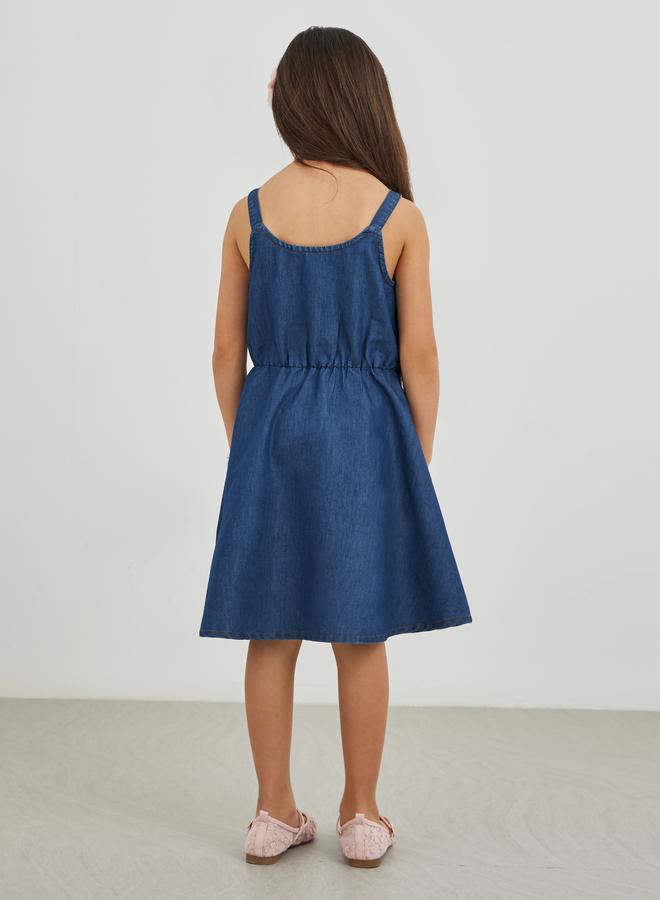 Styli Girls Blue Solid Denim A-Line Dress with Button Front - Image 4