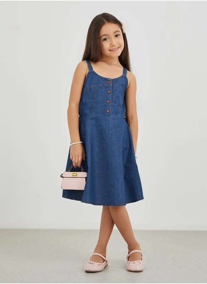 ستايلي Styli Girls Blue Solid Denim A-Line Dress with Button Front