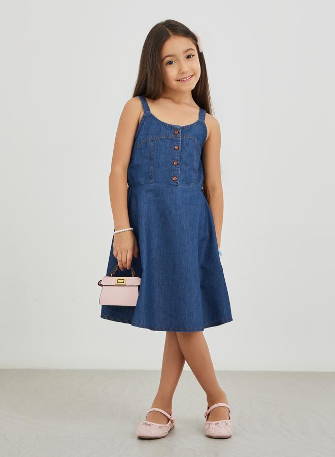 Styli Girls Blue Solid Denim A-Line Dress with Button Front - Image 1