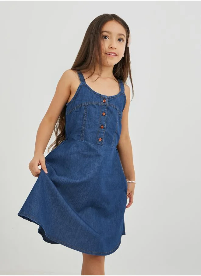 ستايلي Styli Girls Blue Solid Denim A-Line Dress with Button Front