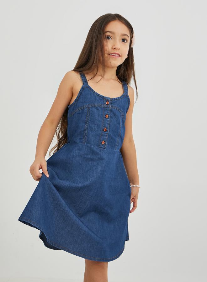 Styli Girls Blue Solid Denim A-Line Dress with Button Front - Image 2