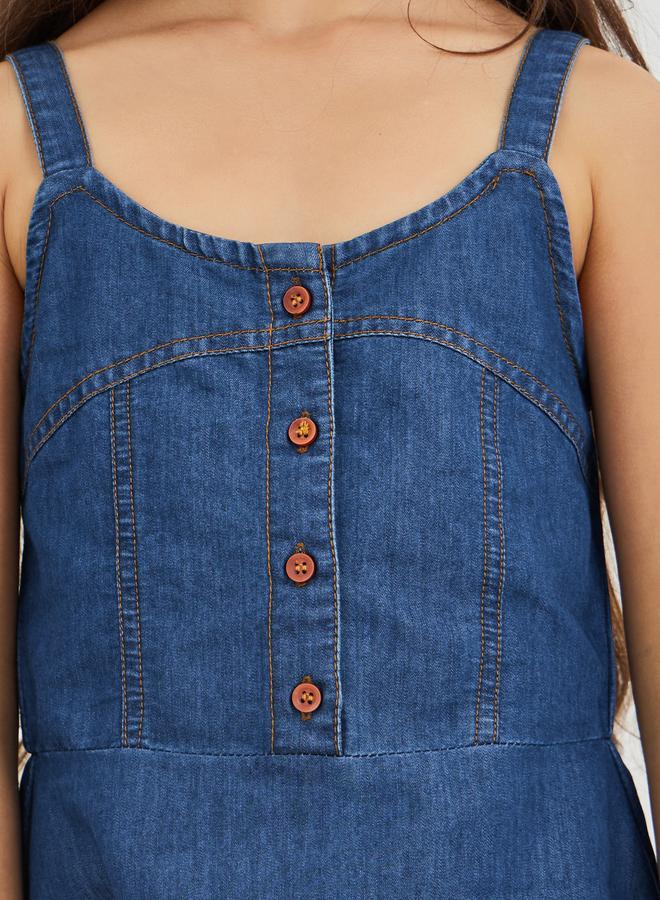 Styli Girls Blue Solid Denim A-Line Dress with Button Front - Image 3