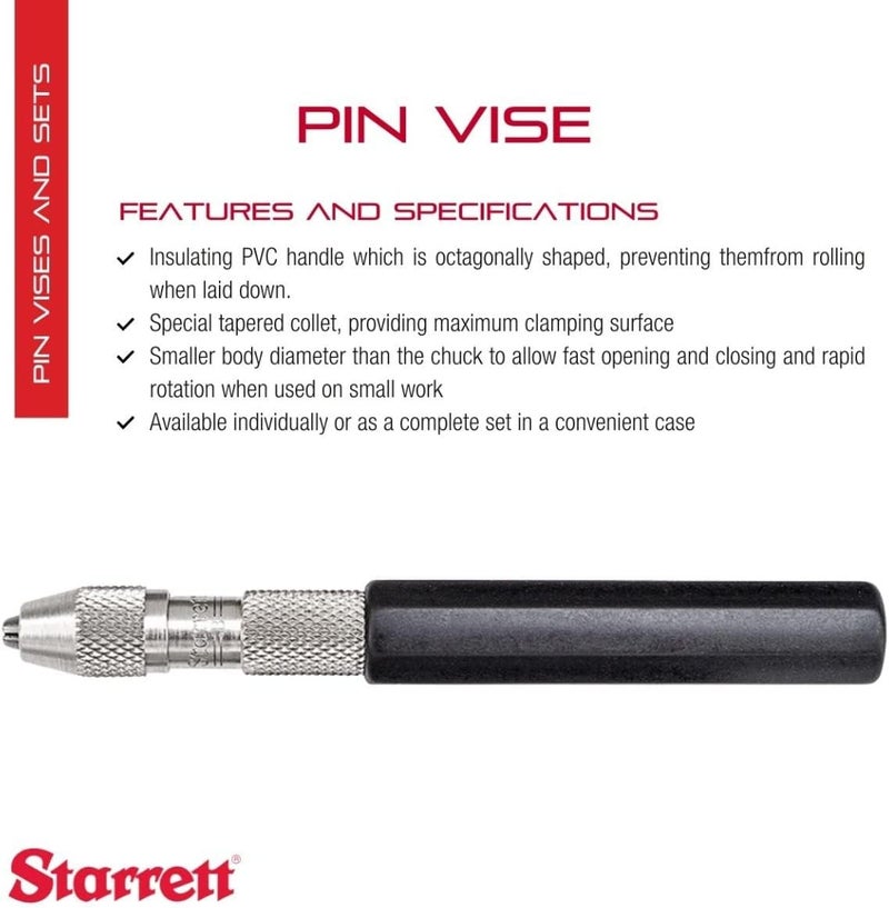 Starrett Pin Vise with Insulated, Octagonal Handles, Smaller Body Diameter, and Special Tapered Collet for Maximum Clamping Surface - .030-.062" Range - 166B - Image 2
